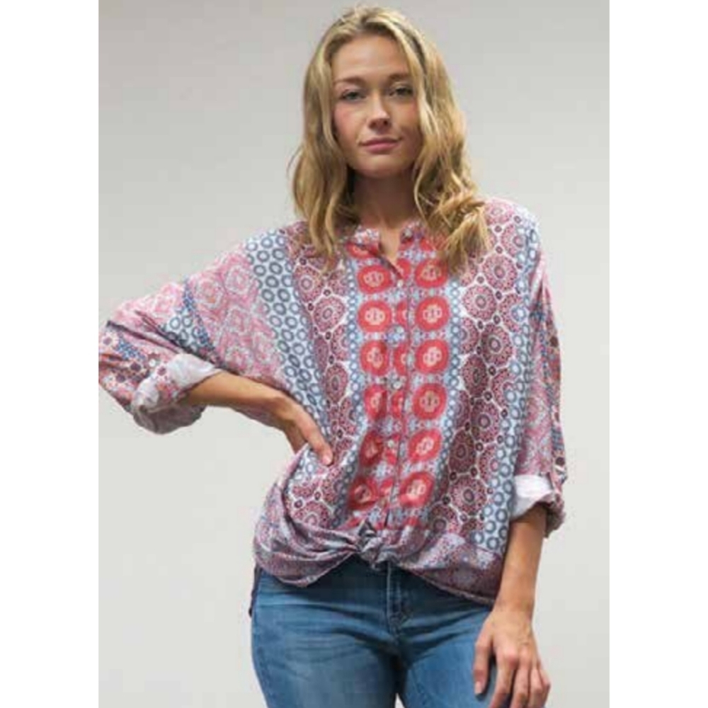 Love kyla NWT marin poly silk boho indi button up mandella orange maroon top Sm